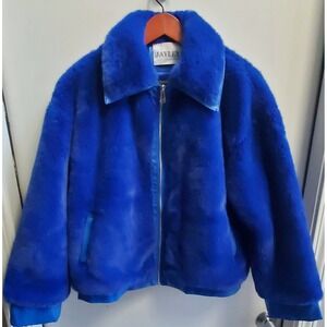 Jayley Blue Faux Fur Bomber Jacket XL Faux Leather Trim Viscose Modacrylic Coat